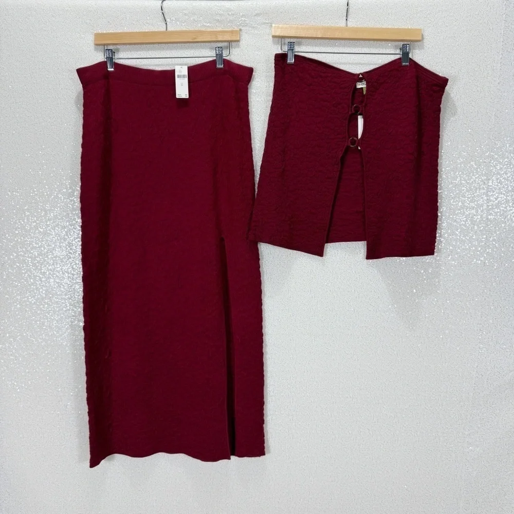Celandine Dark Red Textured Knit Skirt & tube top Set XL Ribbed Slit Midi Skirt